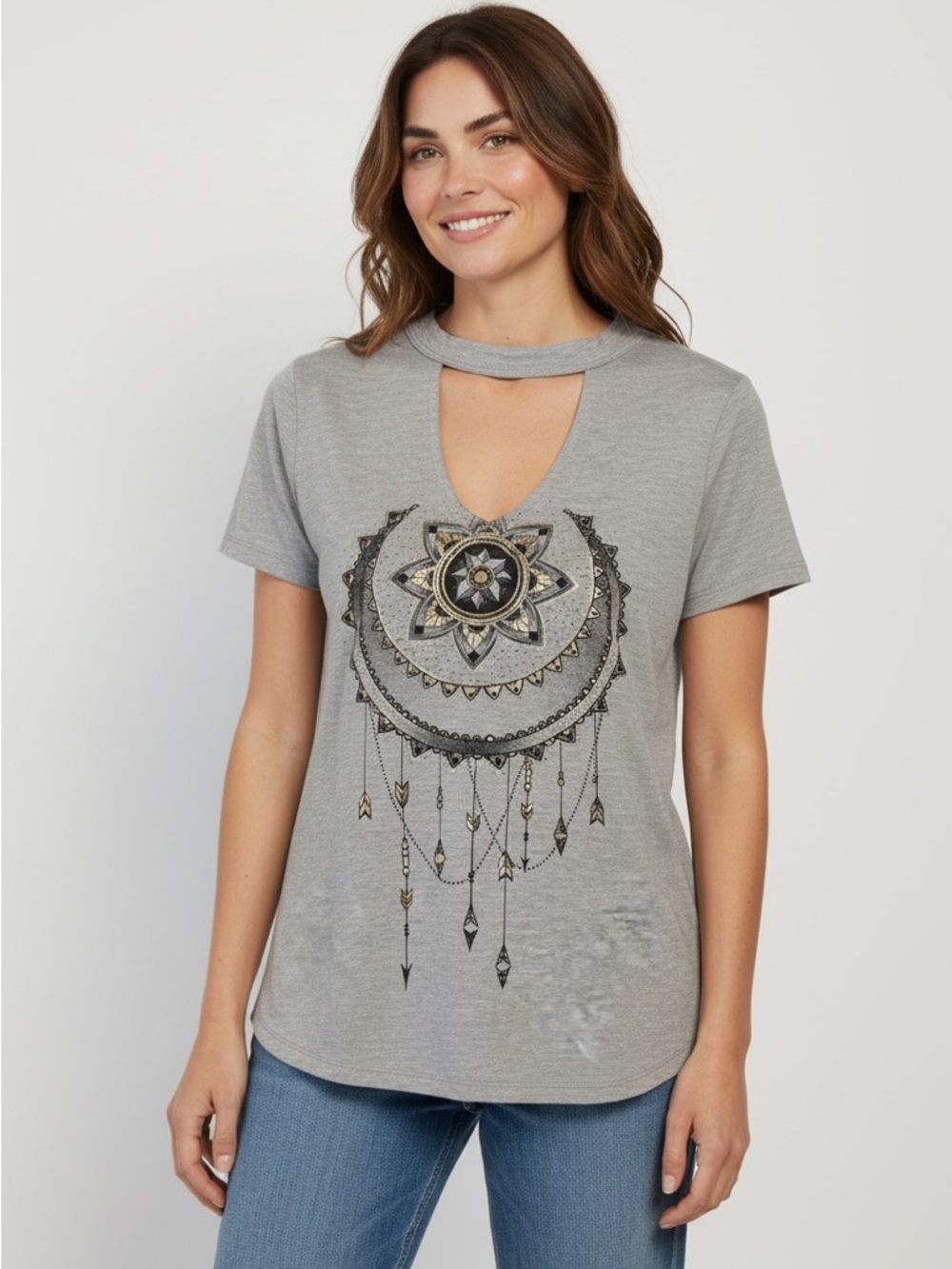 Women’s Self E Gray Short Sleeved Blouse with Dreamcatcher Graphic & Necklace M